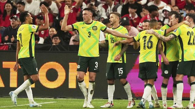 Timnas Australia merayakan gol Jackson Irvine ke gawang Timnas Indonesia, Kamis (20/3/2025) (c) AP Photo/Mark Baker