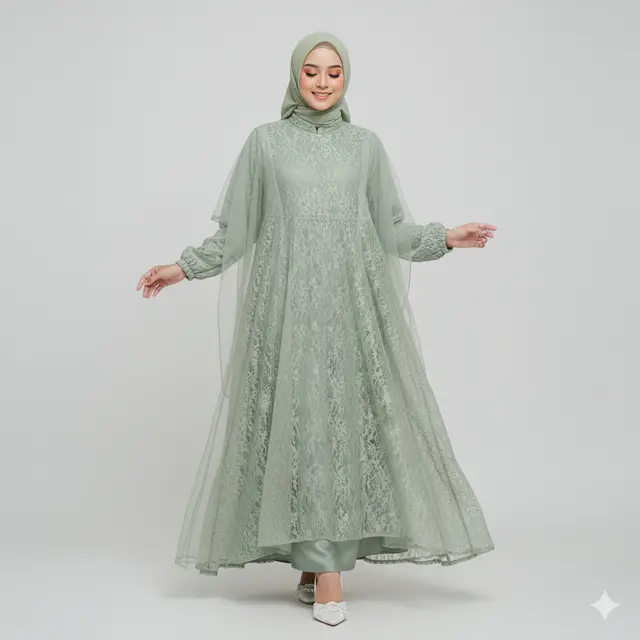 Model Gamis Warna Sage Green dengan Detail Brokat Floral untuk Akad Nikah. Gemini