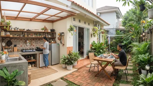 Desain area belakang rumah kecil agar multifungsi model dapur belakang dan tempat makan