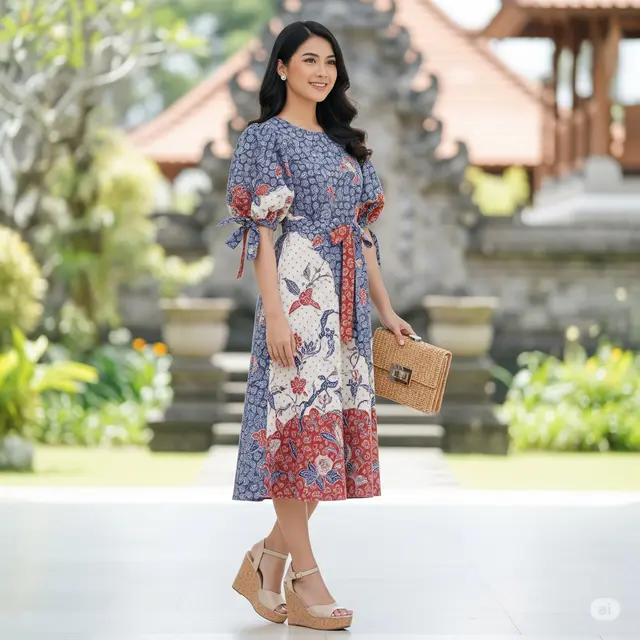 Dress Midi Lengan Puff & Pita Pinggang