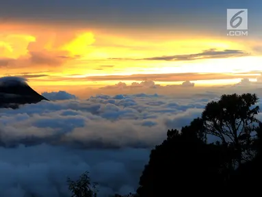 Pemandangan Gunung Merapi dilihat dari atas Gunung Merbabu di Selo, Boyolali, Jawa Tengah, Sabtu (2/2/2019). Aktivitas Gunung Merapi dalam beberapa hari terakhir masih tinggi dan masih berada di level 2 atau waspada. (Merdeka/Arie Basuki)