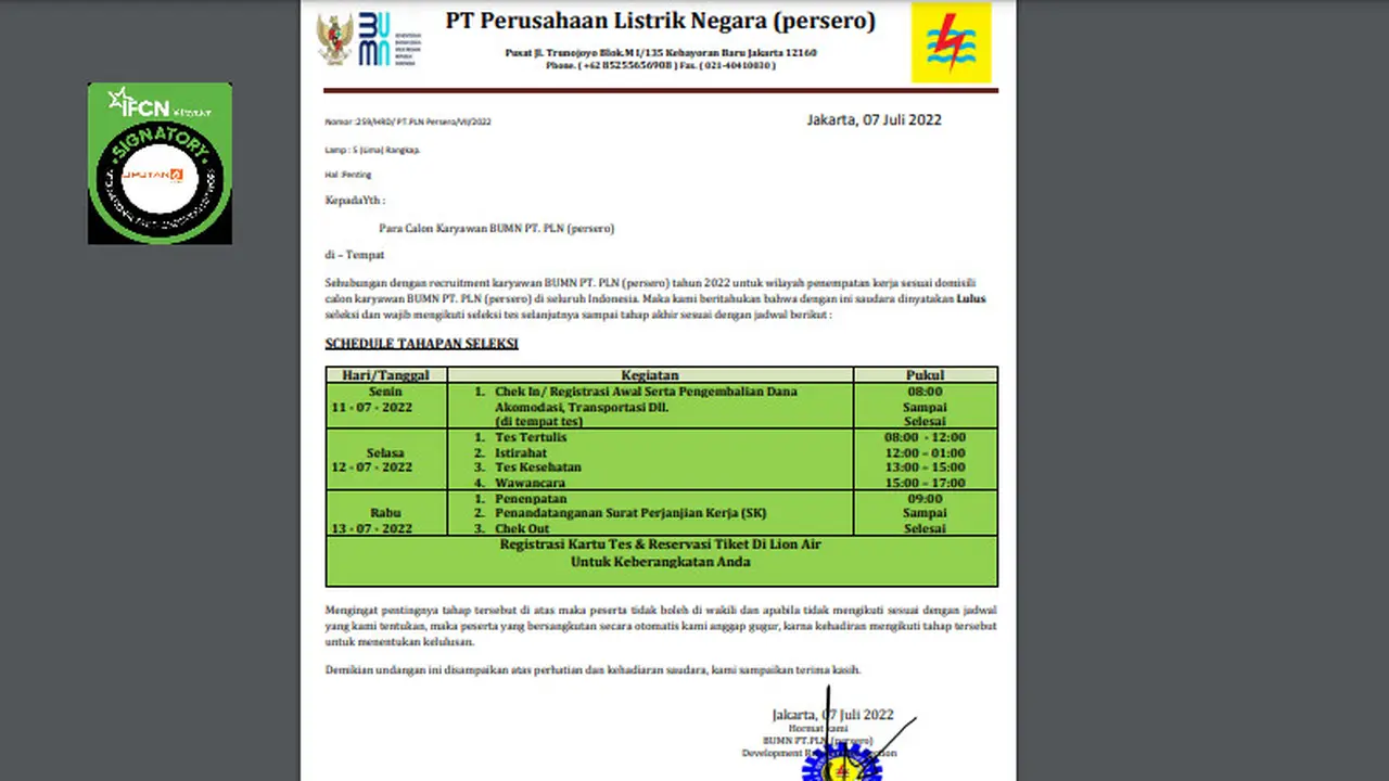 Tangkapan layar surat pemanggilan seleksi calon karyawan PLN