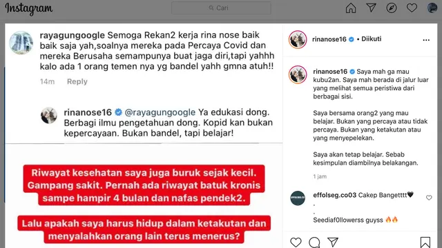 Unggahan Rina Nose. (Foto: Instagram @rinanose16)