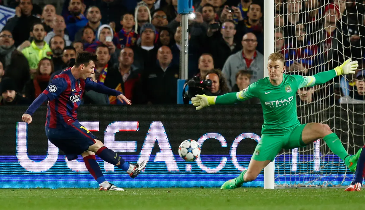 Duel panas terjadi di leg kedua 16 besar Liga Champions antara Barcelona FC dengan Manchester City di Stadion Camp Nou, Spanyol, Kamis (18/3/15). Barcelona menang 1-0 atas Manchester City. (Reuters/Carl Recine)