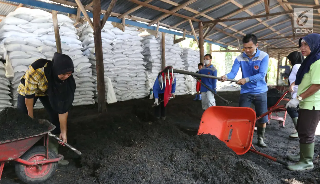 Pekerja dari kelompok tani mekar jaya binaan PT Wirakarya Sakti unit forestry APP Sinarmas menyelesaikan pembuatan pupuk kompos di Kab Tanjung Jabnung Barat, Provinsi Jambi, Kamis (3/5). (Liputan6.com/Angga Yuniar)