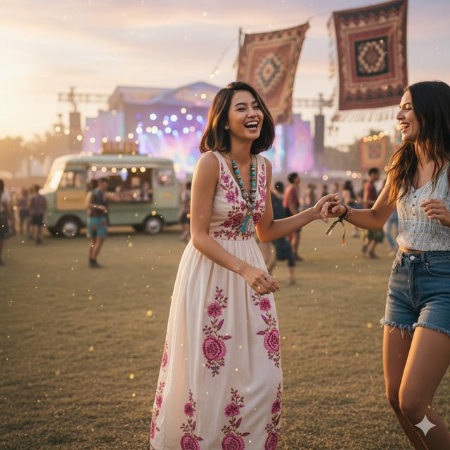 Prompt AI Edit Foto Festival Musik Gaya Boho Outdoor