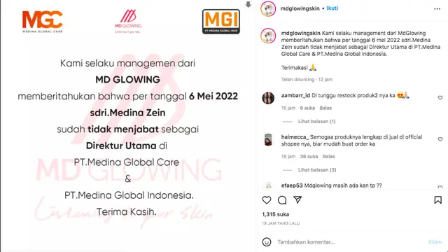 MD Glowing Umumkan Medina Zein Tak Lagi Menjabat sebagai Dirut