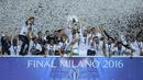 Real Madrid, meraih title juara Liga Champions yang ke-11 usai mengalahkan Atletico Madrid pada laga Final di San Siro Stadium, Milan (28/5/2016). (AFP/Olivier Morin)