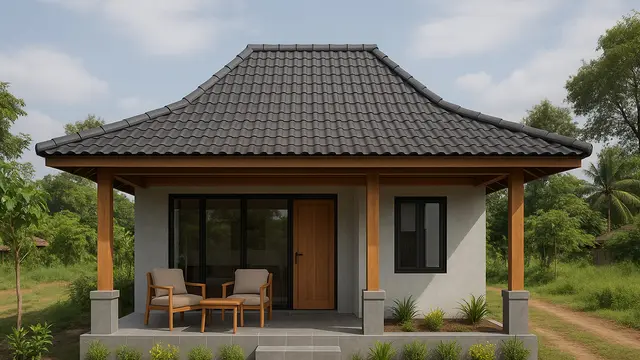 Gambar Rumah Sederhana Ukuran 6x9 Meter di Desa dengan Ruang Tamu di Teras
