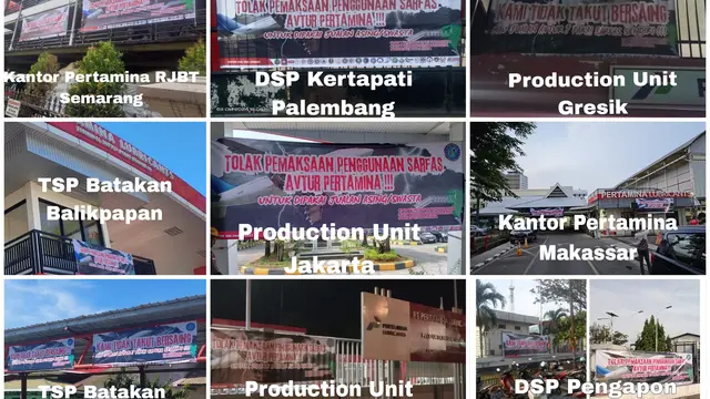 Ramai spanduk berisi tulisan yang meminta sarana dan fasilitas bahan bakar minyak (BBM) PT Pertamina (Persero) tak digunakan pihak swasta atau asing.