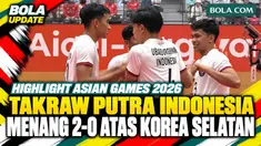 Highlight pertandingan sepak takraw nomor men's quadrant Grup B Asian Games 2026 antara Indonesia vs Korea Selatan. Indonesia tampil dominan dan meraih kemenangan 2-0 dengan skor 15-8, 15-7.