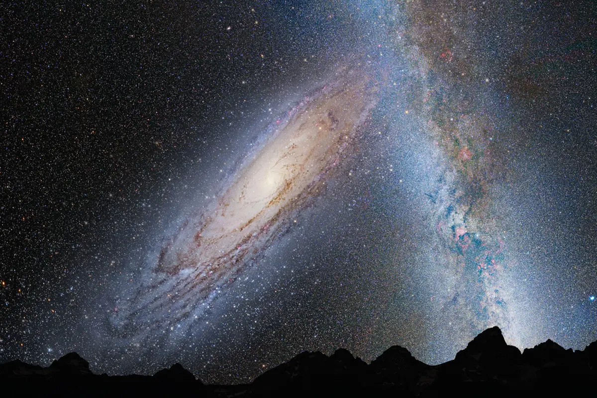 Ilustrasi Andromeda dan Galaksi Bima Sakti di langit malam