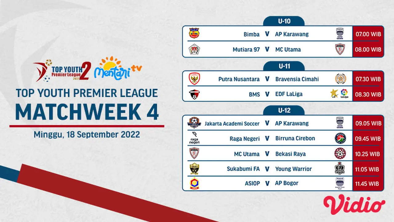 Link Live Streaming Top Youth Premier League Week 4 Minggu, 18 September
