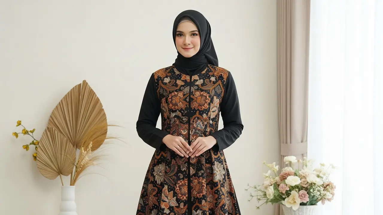 9 Model Gamis Batik Kombinasi Polos Hitam untuk Acara Formal, Tampil Anggun