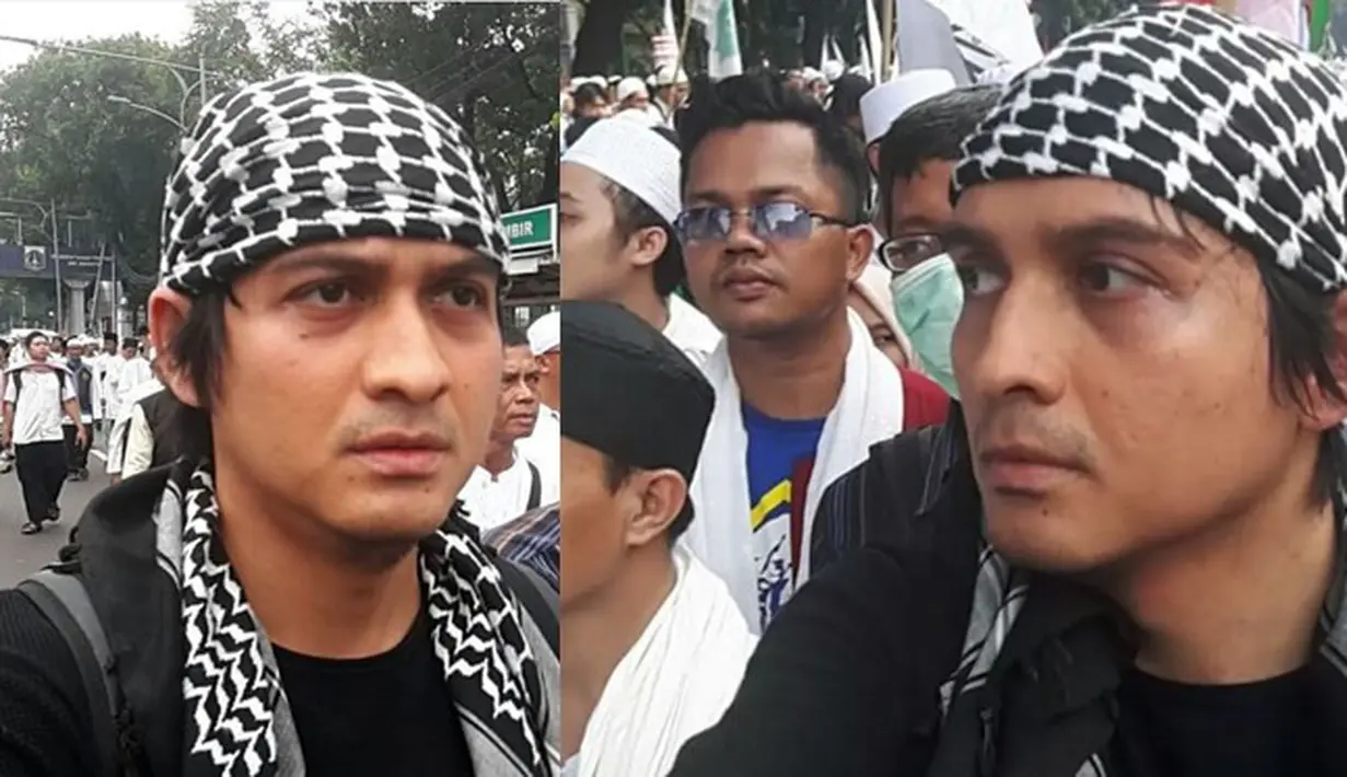 Selain Ahmad Dhani, artis yang kini menjadi anggota DPR, Lucky Hakim. Dengan mengenakan sorban hitam ia terlihat diantara ribuan kerumunan demonstran. (Instagram/luckyhakimofficial)
