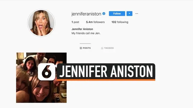 Aktris Jennifer Aniston akhirnya resmi memiliki akun instagramnya sendiri. Ia mengunggah foto bersama para pemeran film Friends sebagai unggahan pertamanya.