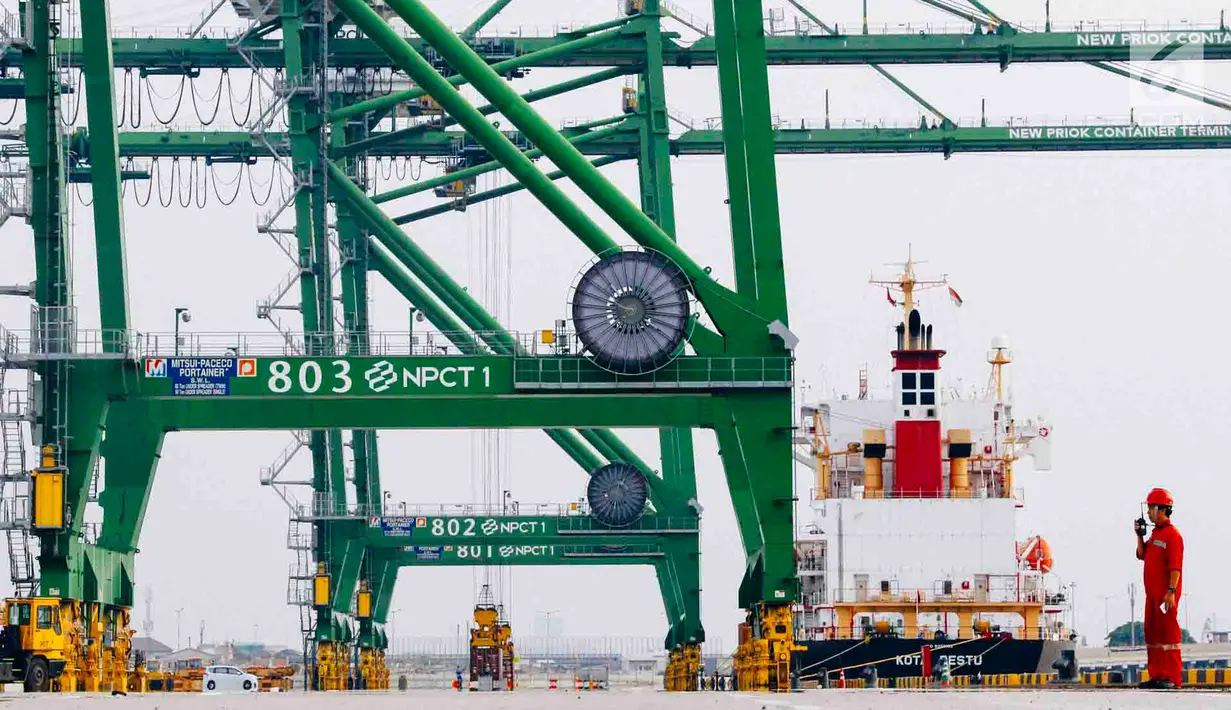 Aktivitas bongkar muat peti kemas di Pelabuhan Tanjung Priok, Jakarta, Rabu (31/10). PT Pelabuhan Indonesia II menerapkan fasilitas dan layanan pembiayaan jasa kepelabuhan (port service financing/PSF) di Tanjung Priok. (Liputan6.com/Immanuel Antonius)