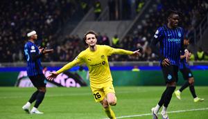 Penyerang Norwegia Bodo/Glimt, Håkon Evjen merayakan gol kedua timnya pada laga leg kedua playoff Liga Champions UEFA antara Inter Milan dan Bodo/Glimt di Stadion San Siro, Milan, Italia utara, 25 Februari 2026. (PIERO CRUCIATTI / AFP)