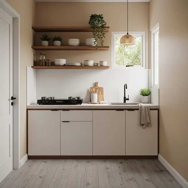 Desain Dapur Rumah Mungil Tema Earth Tone Hemat Ruang