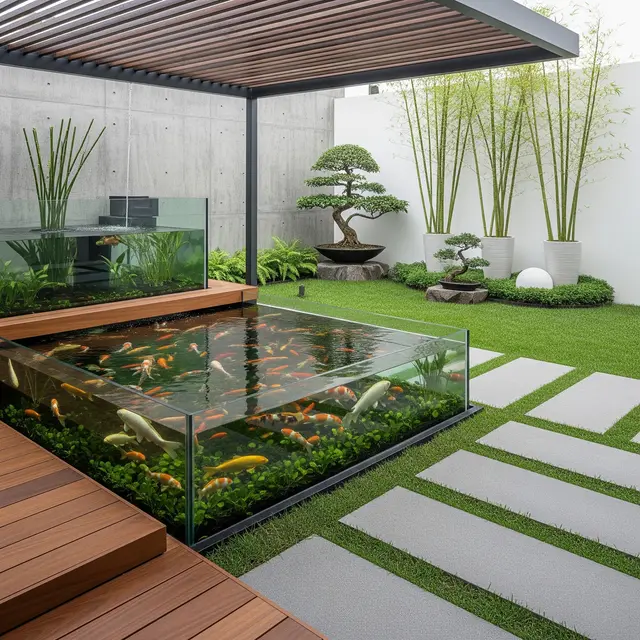 Taman Minimalis dengan Kolam Ikan Tertutup yang Bikin Rumah Terlihat Lebih Asri (Gemini AI)