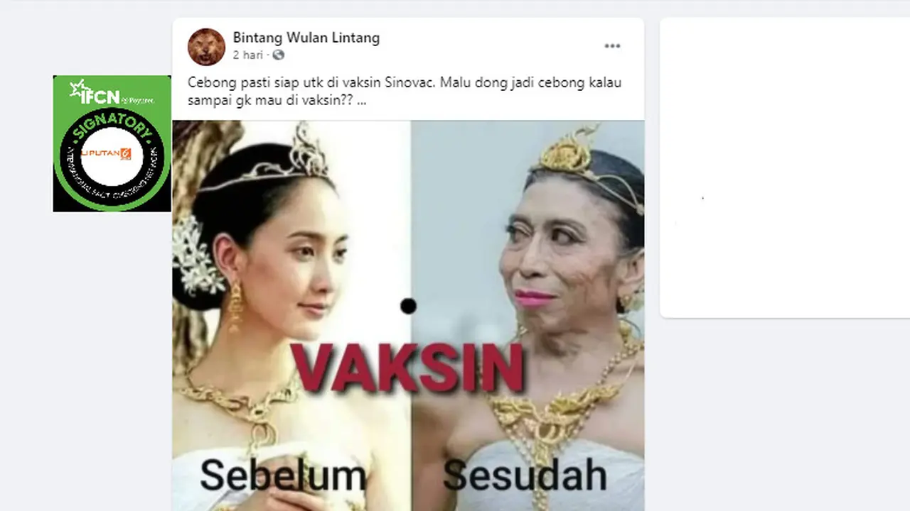 Cek Fakta Liputan6.com menelusuri klaim foto perubahan wajah sebelum dan sesudah divaksin Covid-19