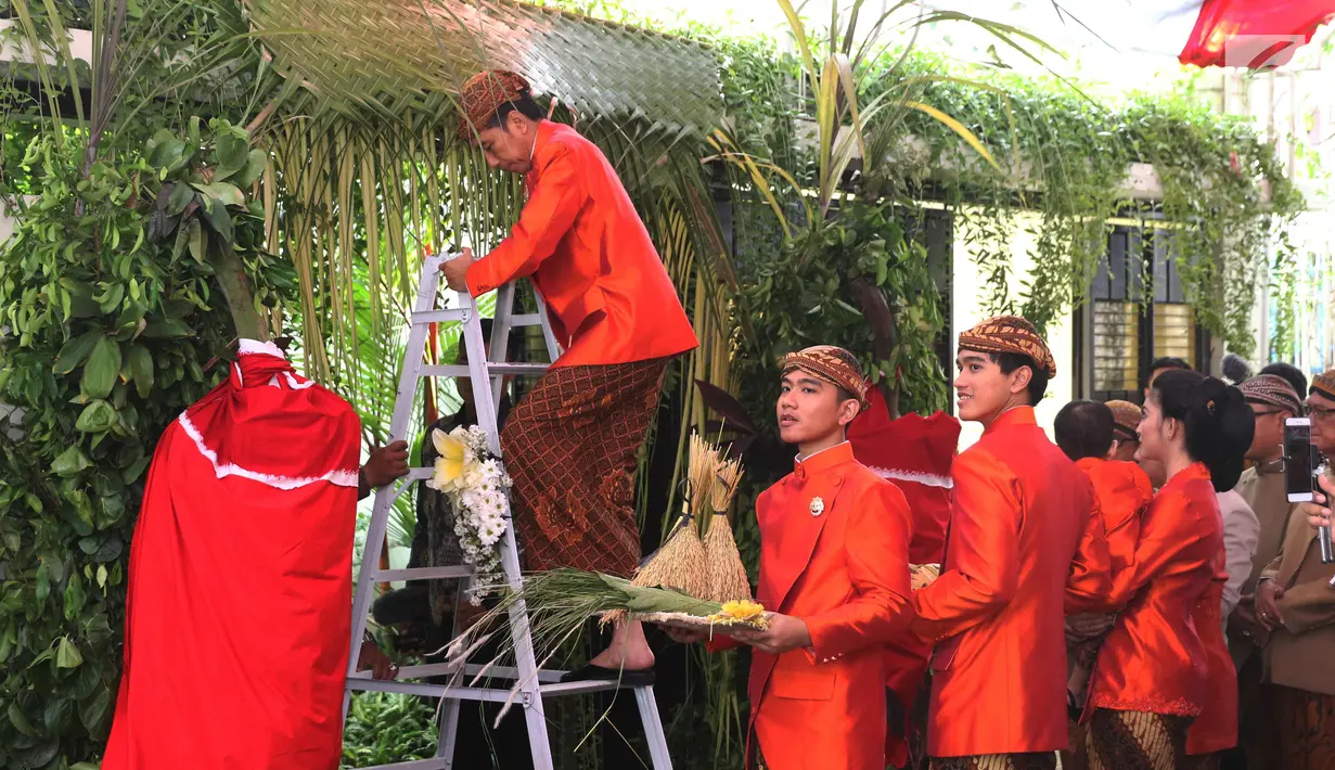 Presiden Joko Widodo (Jokowi) menaiki tangga untuk memasang bleketepe di kediamannya Jalan Kutai Utara, Solo, Selasa (7/11). Pemasangan bleketepe itu merupakan bagian dari prosesi adat pernikahan Kahiyang Ayu dan Bobby Nasution (Liputan6.com/Angga Yuniar)