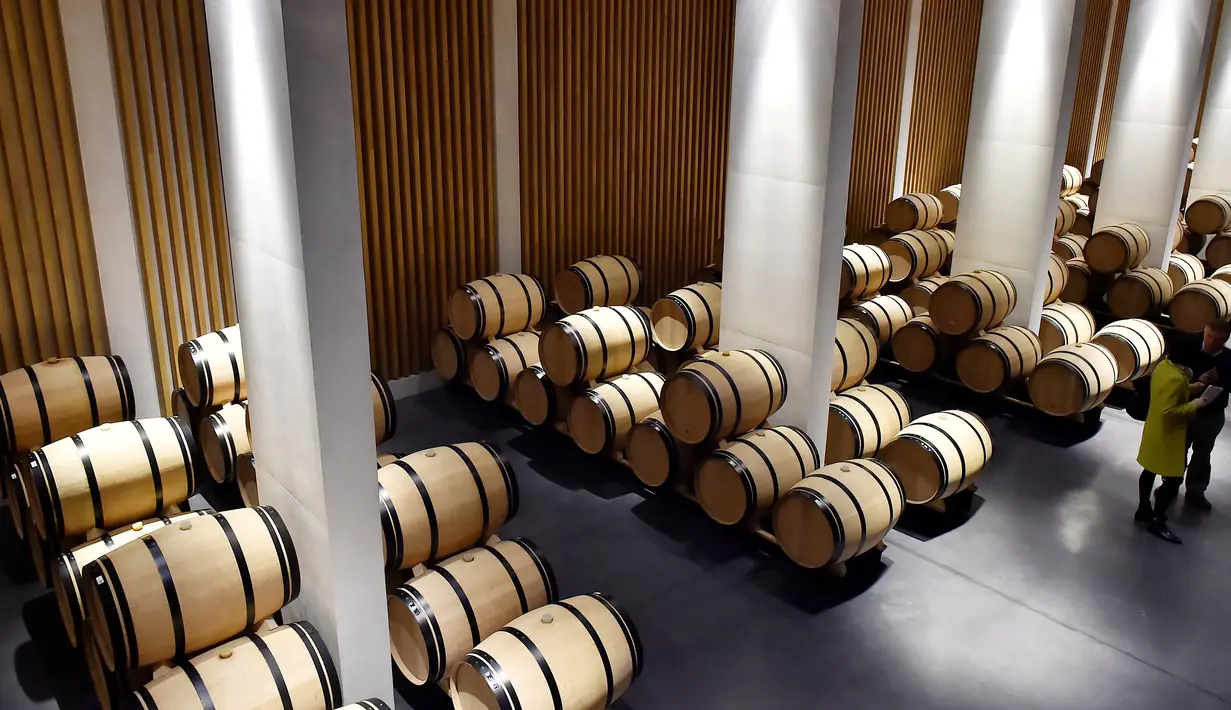 Pengunjung berbincang diantara ratusan drum anggur yang berada di gudang anggur Chateau de Beychevelle di Saint Julien de Beychevelle, Prancis (30/3). (AFP/Georges Gobet)