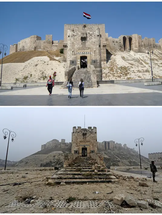 Foto kombinasi menunjukkan Kota Tua Aleppo sebelum (24/11/2008) dan sesudah perang (13/12/2016), Suriah. (REUTERS / Omar Sanadiki) 