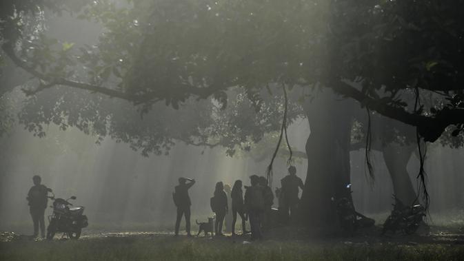 Siswa beristirahat di bawah pohon di pagi berkabut di taman Maidan di Kolkata (29/11/2019). Selama musim dingin, wilayah utara India sering mengalami kabut tebal, menyebabkan penundaan lalu lintas dan mengganggu jadwal penerbangan dan kereta api. (AFP Photo/Dibyangshu Sarkar)