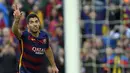 Pemain Barcelona, Luis Suarez menjadi pencetak gol liga Champions urutan ke-6 dengan total 5 gol.   (AFP PHOTO/ Lluis Gene)