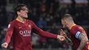 Selebrasi gol pemain AS Roma Zaniolo di menit ke-46 pada laga lanjutan Serie A yang berlangsung di stadion Olimpico, Roma, Senin (4/2). AC Milan imbang 1-1 kontra AS Roma. (AFP/Tiziana Fabi)