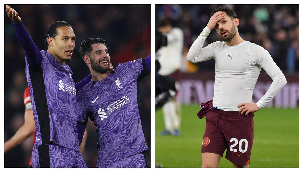 Perubahan signifikan terjadi pada klasemen sementara Liga Inggris 2023/2024 setelah berakhirnya laga pekan ke-15 pada tengah pekan ini. Dalam laga yang berlangsung Kamis (7/12/2023) dini hari WIB, Liverpool berhasil mengkudeta  posisi runner-up dari Manchester City setelah sukses merebut tiga poin dari tuan rumah Sheffield United lewat kemenangan 2-0. Manchester City sendiri harus turun ke posisi keempat setelah takluk 0-1 dari tuan rumah Aston Villa yang kini menghuni posisi ketiga. (Kolase Foto AFP dan AP Photo)