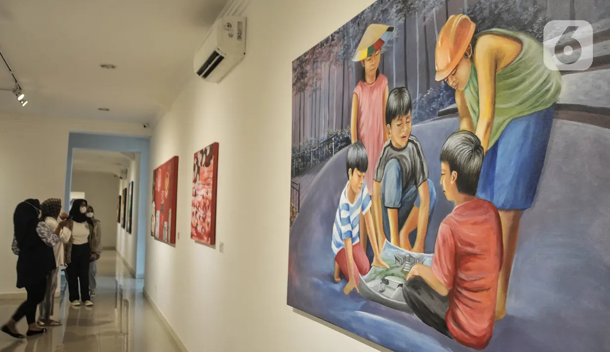 Salah satu karya lukis yang ditampilkan dalam pameran "Antara Kecemasan dan Harapan" di Gedung D Galeri Nasional Indonesia, Jakarta Pusat, Minggu (7/5/2023). (merdeka.com/Iqbal S Nugroho)