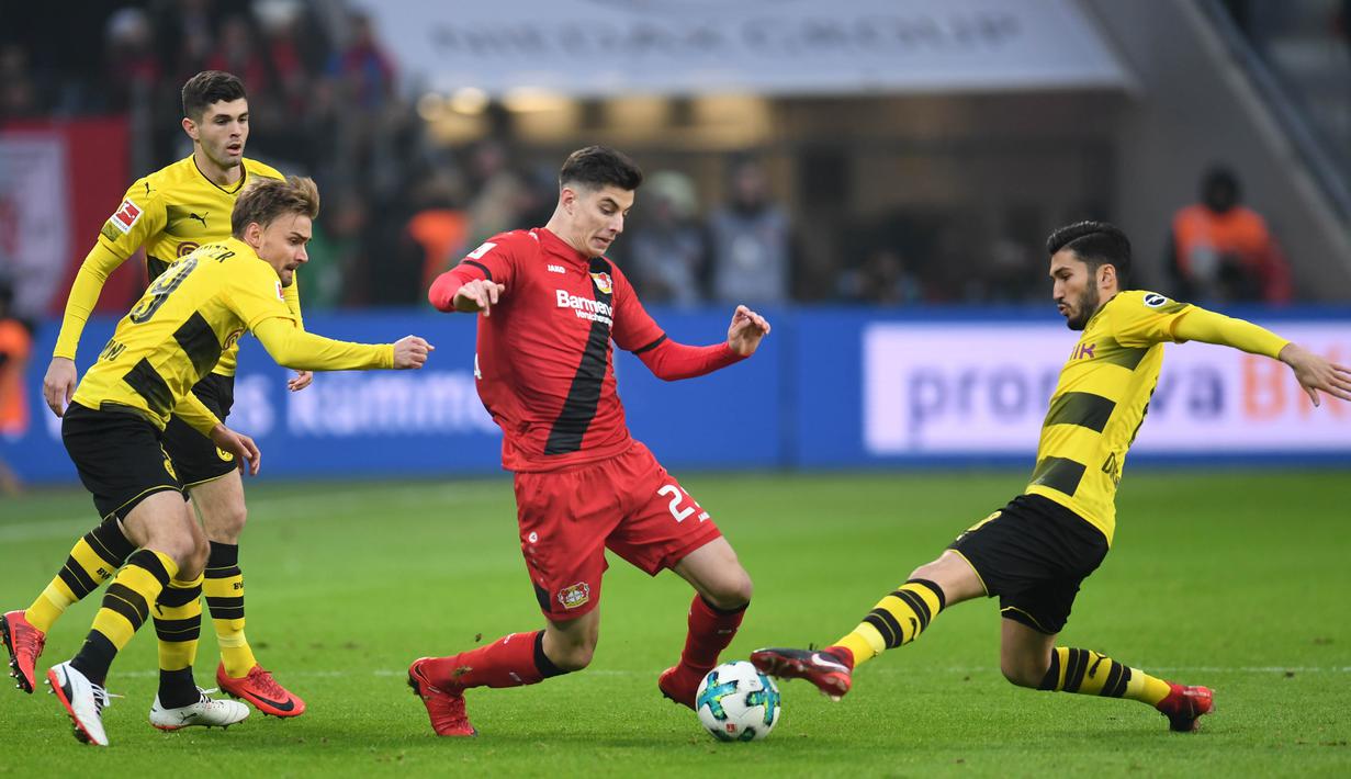 5. Kai Havertz (Bayern Leverkusen) - Pemuda 18 tahun ini mampu tampil apik di kasta tertinggi Liga Jerman. Ia menciptakan hat-trick assist kala klubnya menang telak melawan Borussia Mönchengladbach pada 21 Oktober 2017 lalu. (AFP/Patrik Stollarz)