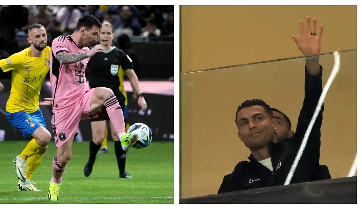 Al-Nassr menang besar atas Inter Miami pada laga persahabatan, Jumat (02/02/2024) dini hari WIB meski tanpa sang bintang Cristiano Ronaldo. Laga tersebut berlangsung di Kingdom Arena Stadium, Riyadh, Arab Saudi. Seperti diketahui, Ronaldo harus menepi dari lapangan hijau akibat cedera betis sejak 23 Januari lalu. CR7 kini sedang dalam masa pemulihan untuk tampil di Liga Arab Saudi pekan mendatang. Meski tanpa perannya, Al-Nassr berhasil menghajar Inter Miami dengan skor 6-0. Talisca tampil tajam dengan membuat hattrick. Di sisi lain, Luis Suarez tak mampu berbuat banyak untuk Inter Miami. Sementara Lionel Messi baru dimasukkan pada babak kedua dan tak mampu mengubah keadaan. (Foto kolase: (AP Photo/Amr Nabil) dan (AFP))