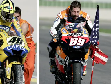 Rivalitas Nicky Hayden dengan Valentino Rossi pada balapan MotoGP di Sirkuit Ricardo Tormo Race, GP Valencia, 2006. (AP Photo/Fernando Bustamante)