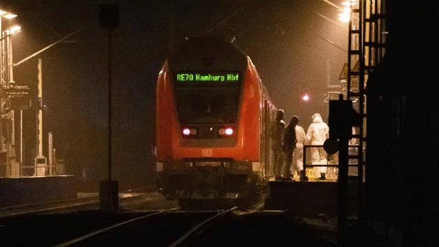 Staf forensik di peron lokasi penikaman fatal dua orang di kereta api di Jerman utara, sesaat sebelum kereta regional yang berangkat dari Kiel ke Hamburg tiba di stasiun Brokstedt. (Jonas Walzberg/AP)