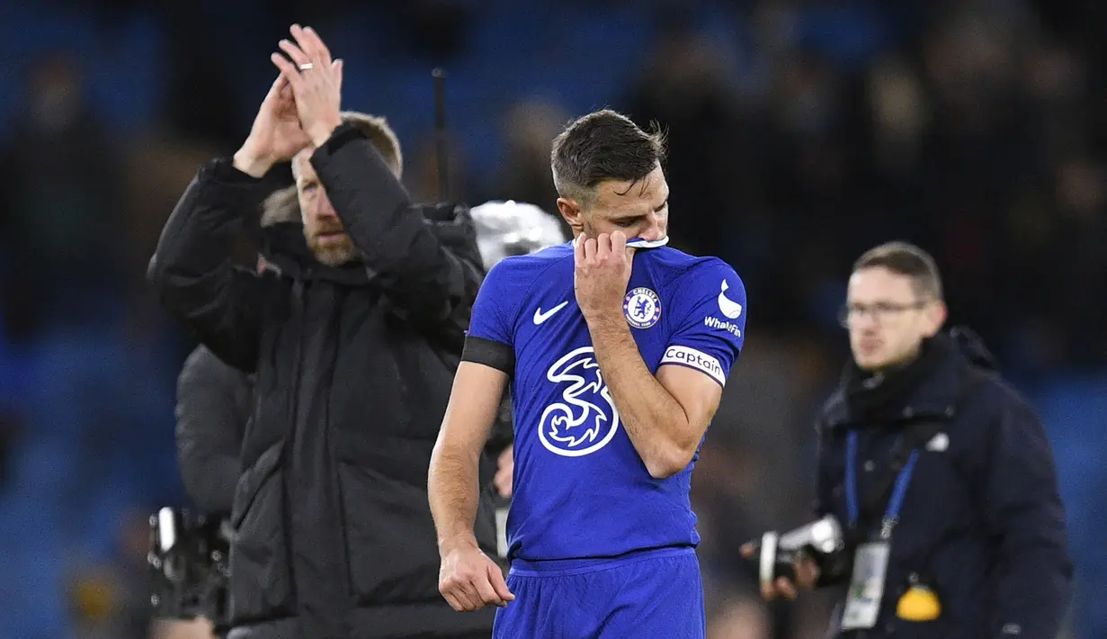 Kekalahan 0-4 ini membuat Chelsea harus tersingkir dari Piala FA 2022/2023. Sementara itu, Manchester City sukses melenggang ke babak 32 besar dan akan menghadapi pemenang laga Oxford United vs Arsenal. (AFP/Oli Scarff)