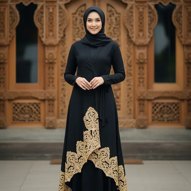 9 Model Gamis Hitam Simple Elegan Kombinasi Brokat Gold untuk Pesta Malam, Elegan