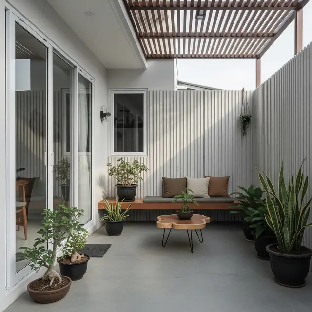 Model Teras Rumah dengan Lantai Semen Polos yang Estetik. (Foto: AI)