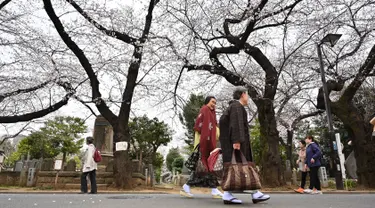 Orang-orang berjalan di Pemakaman Yanaka yang dikelilingi oleh pohon sakura di distrik Taito, Tokyo, Jepang (26/3). Memasuki akhir Maret, pohon bunga sakura mulai bermekaran di sejumlah wilayah Jepang. (AFP Photo/Charly Triballeua)