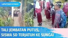Sebanyak 19 siswa SD di Jambi terjatuh ke sungai usai tali jembatan terputus saat para pelajar melintas. Melihat rekannya jatuh ke sungai, sejumlah pelajar lain yang belum menyeberang menangis di ujung jembatan.