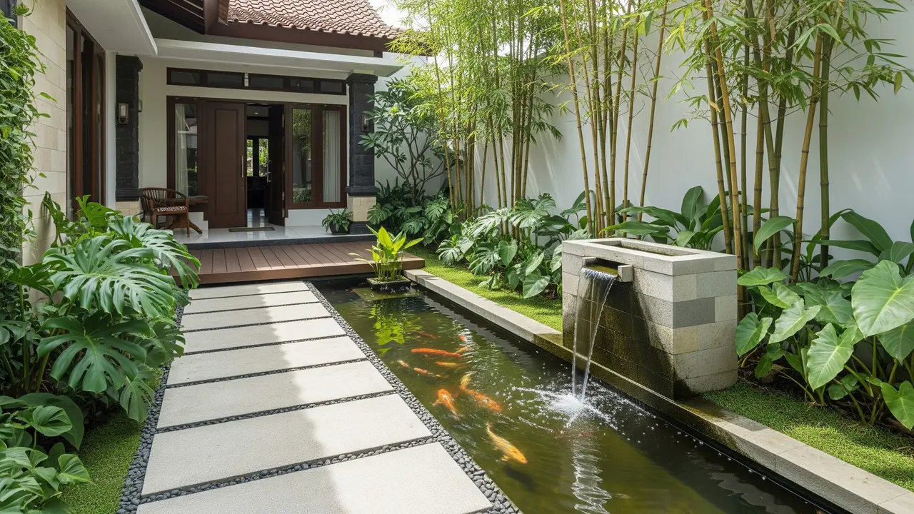 Cara Membuat Kolam Ikan dan Taman Depan Rumah Tanpa Bikin Halaman Terasa Sempit/Gemini AI