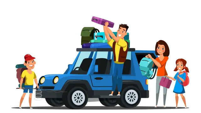 Ilustrasi liburan keluarga, road trip, piknik