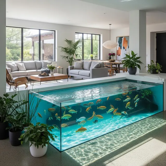 model kolam ikan di ruang tengah yang minimalis