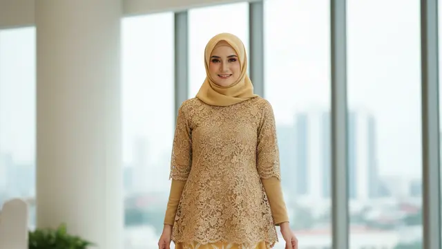 Gamis Brokat Overlay dengan Rok Batik Soft Yellow