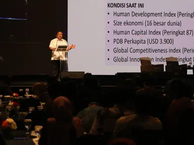 Menristekdikti Bambang Brodjonegoro memberi paparan dalam Indonesia Digital Conference (IDC) 2019 di Jakarta, Kamis (28/11/2019). IDC digagas para pengurus AMSI sebagai wadah bertukar pengalaman, gagasan, dan strategi membangun ekosistem digital untuk masa depan. (Liputan6.com/Angga Yuniar)