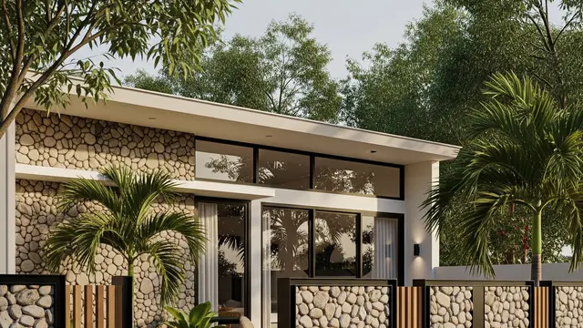 Rumah Kecil tapi Terasa Luas dengan Pagar Lisplang Kombinasi Batu Alam