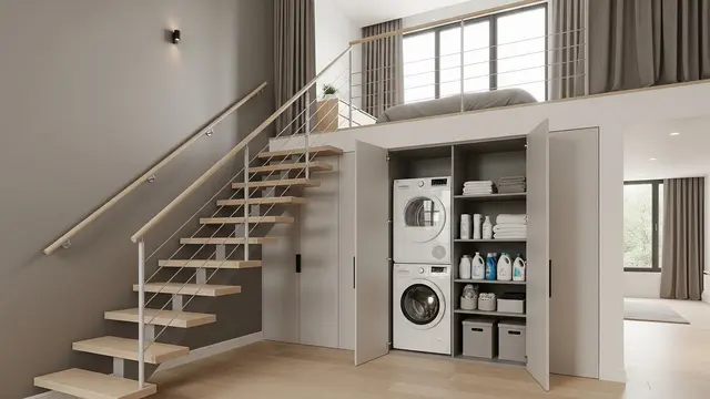 Inspirasi Rumah Kecil Mezzanine dengan Area Laundry Tersembunyi di Bawah Tangga/ Ilustrasi gambar AI