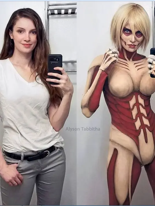 Penampilan AlysonTabbitha sebelum dan sesudah mengenakan kostum dan make up cosplay FemaleTitan. Semua bentuk ornament berupa bodysuit dengan tali sepatu dan legging dan lukisan dengan cat alkirik dikerjakan bersama tim. (Instagram / AlysonTabbitha)